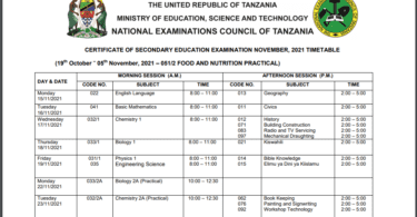 Ratiba ya Mtihani kidato cha nne 2021 - Form Four CSEE Exam time table