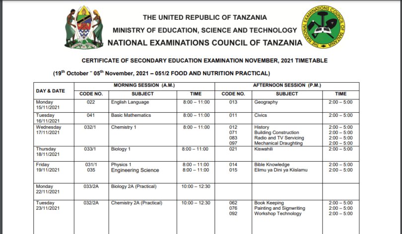 Ratiba ya Mtihani kidato cha nne 2021 - Form Four CSEE Exam time table