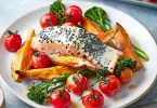 Sesame salmon, purple sprouting broccoli & sweet potato mash recipe