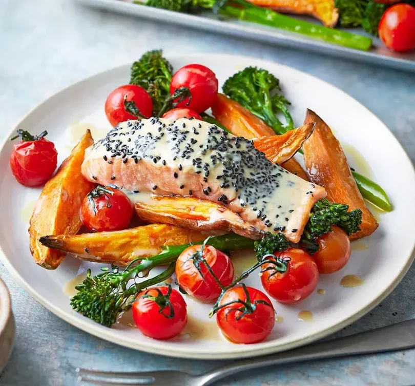 Sesame salmon, purple sprouting broccoli & sweet potato mash recipe