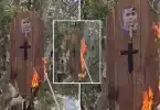 Argentina fans burn a coffin with Mbappe's face during trophy parade