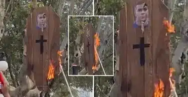 Argentina fans burn a coffin with Mbappe's face during trophy parade