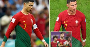 Cristiano Ronaldo walks off on his own as his team-mates celebrate 6-1 thrashing of Switzerland