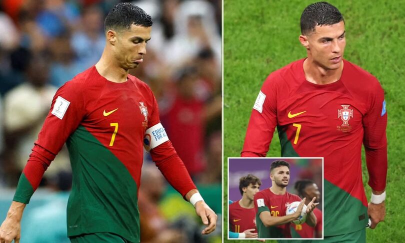 Cristiano Ronaldo walks off on his own as his team-mates celebrate 6-1 thrashing of Switzerland