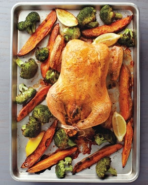 Lemon & garlic roast chicken with charred broccoli & sweet potato mash Recipe