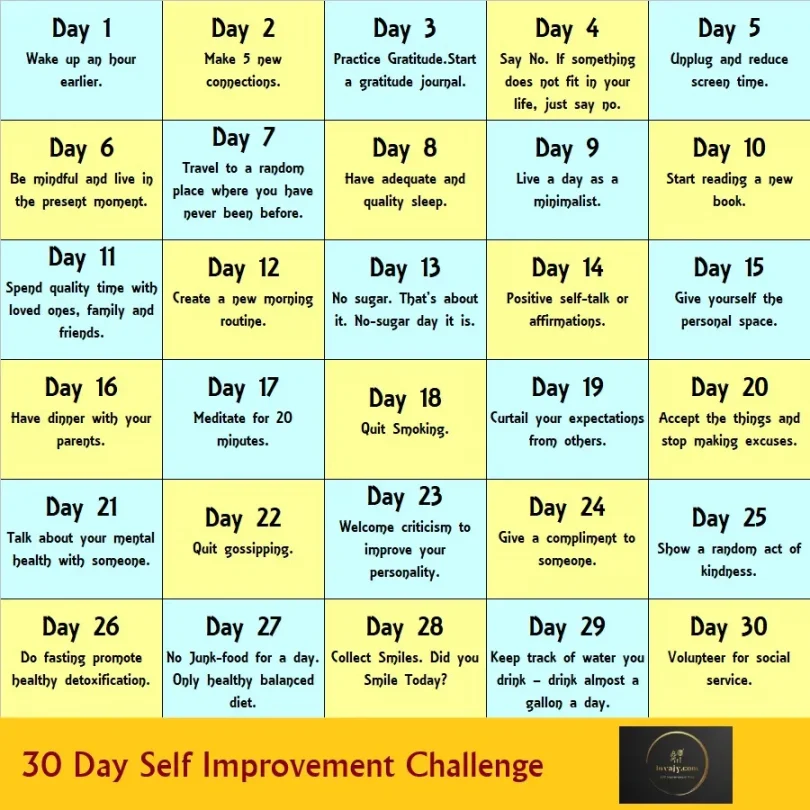 Daily Challenges Ideas for 30 Day Self Improvement Challenge 2023