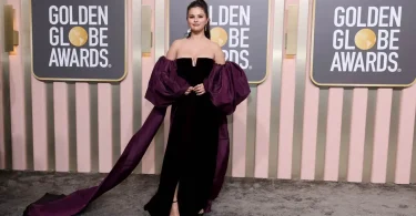 Selena Gomez Dons a Strapless Purple Valentino Gown at Golden Globes 2023