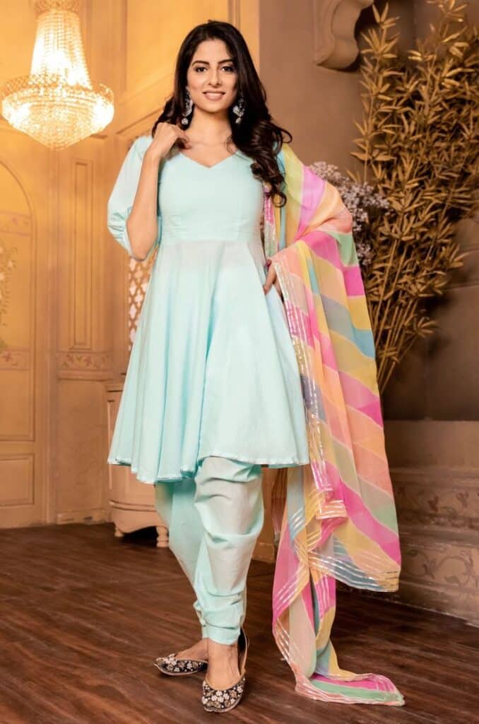 7019 Sky blue high low anarkali dhoti suit – Shama's Collection
