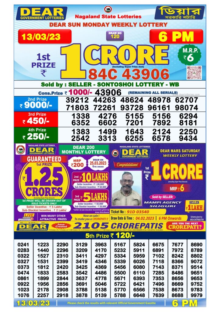 Dear Lottery Result Today 13.03.2023