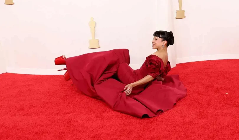 Liza Koshy Takes Falls on Oscars Red Carpet in Towering 8-Inch Heels