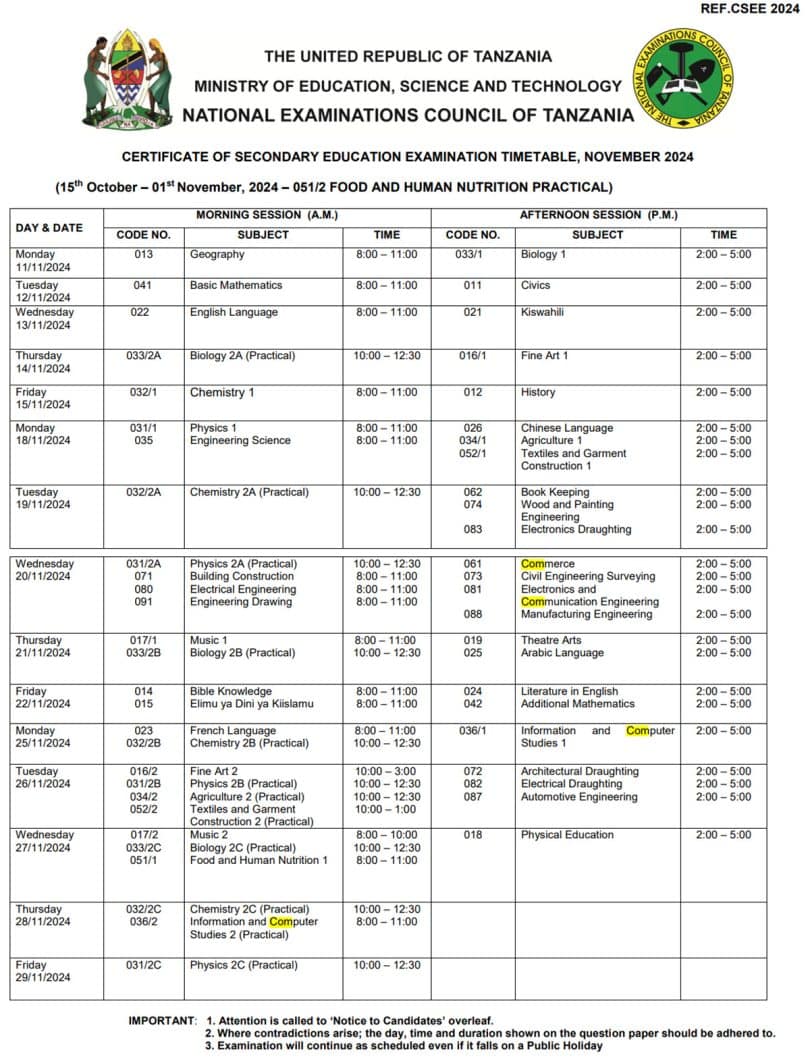 Ratiba ya Mtihani wa Kidato cha Nne 2024